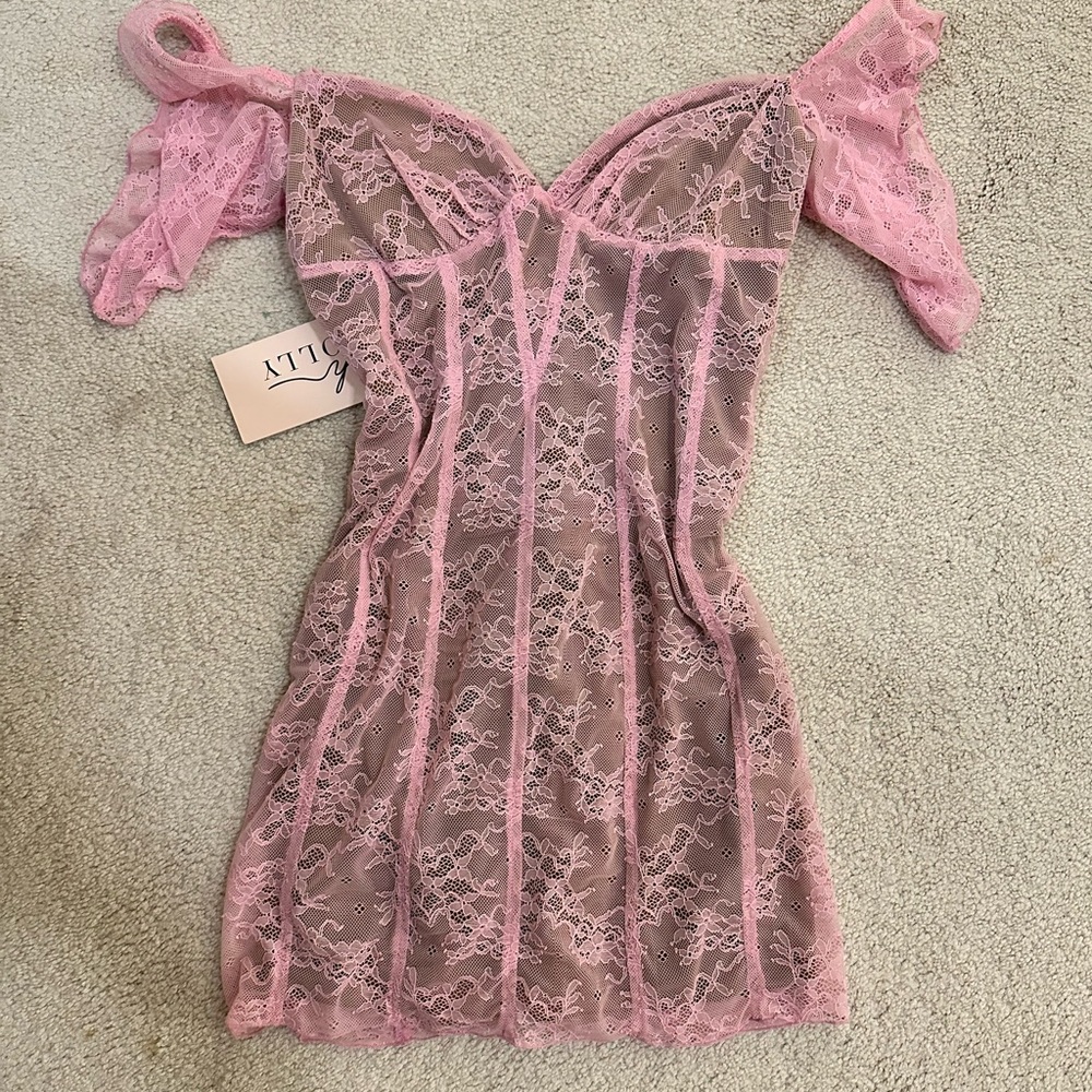 Oh Polly Pink Sheer Lace Mini Dress